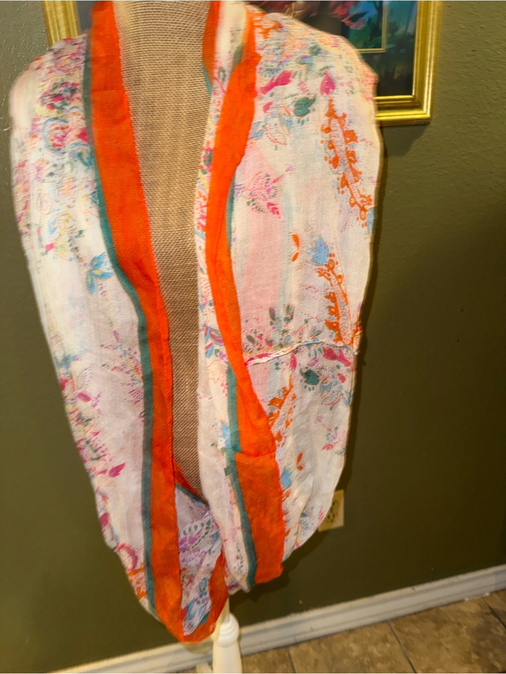 Lightweight Floral Scarf with Bright Orange Trim
